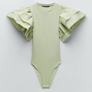 Zara Green Ribbed & Ruffle Sleeve Bodysuit, Size S